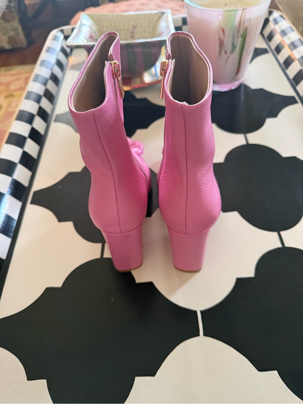 Pink Floral Appliqué Pointed-Toe Block-Heel Ankle Boots - Picture 2 of 10